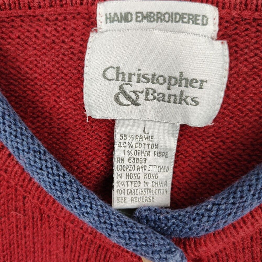 Christopher & Banks Hand Embroidered Cardigan, women's L, dark red, butterflies - Picture 7 of 9